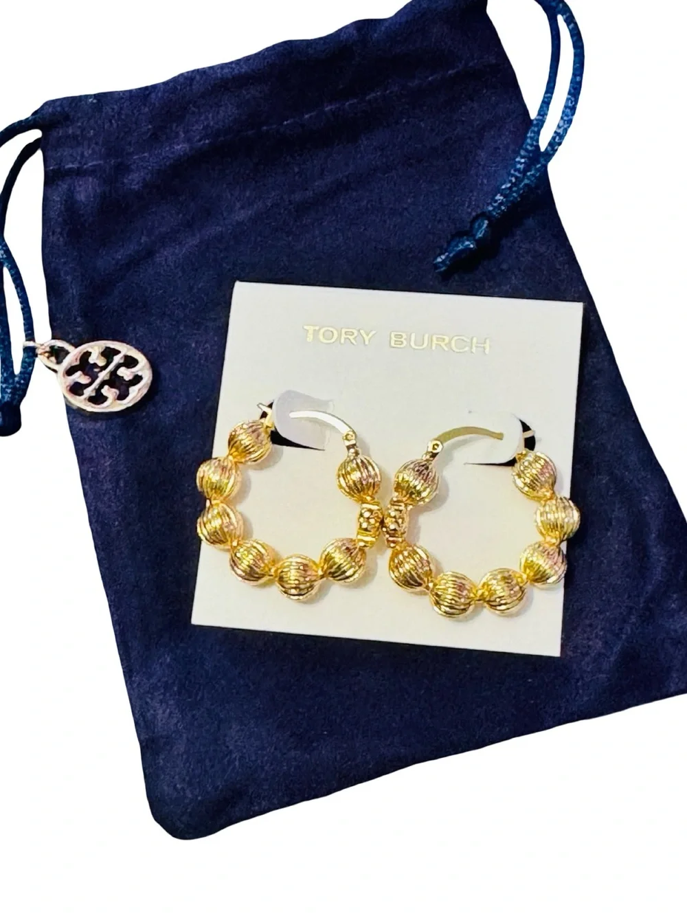 Tory Burch Textured Gold Bead Hoop Earrings NWT & Dustbag!
